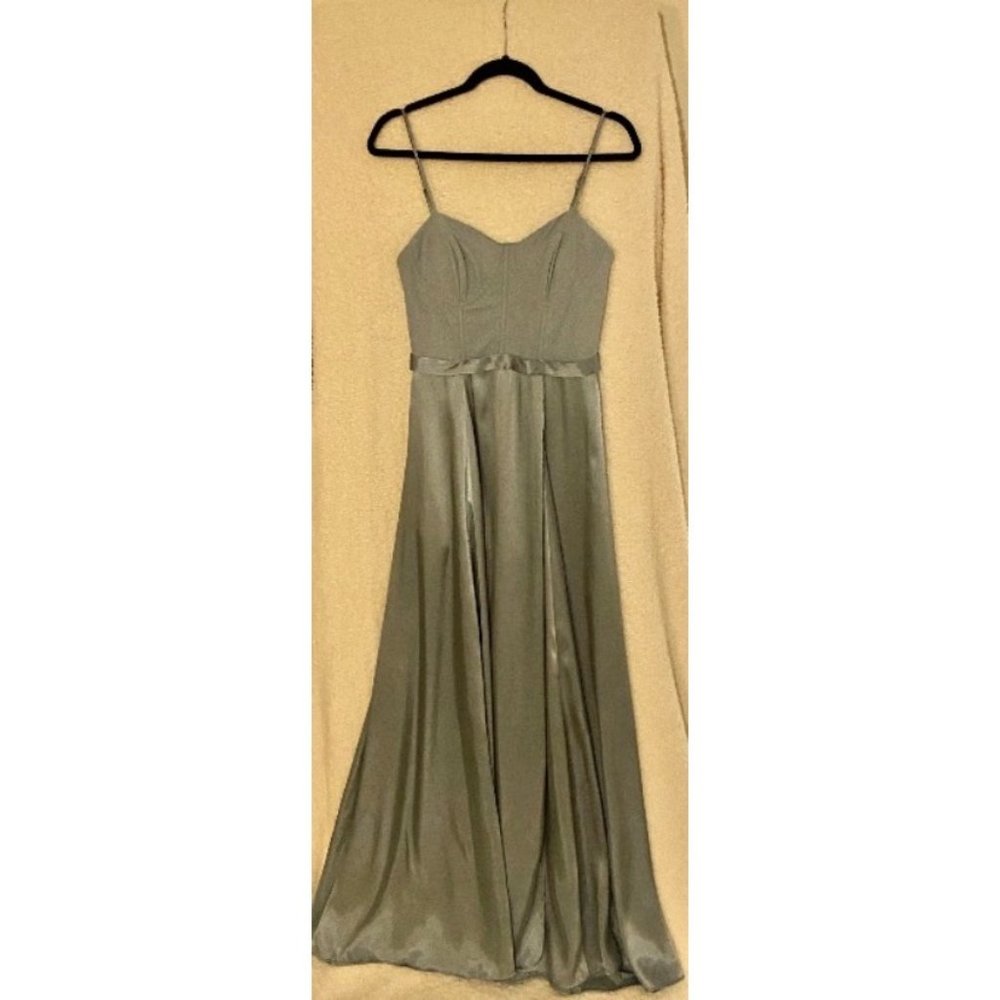 Dusty Blue David’s bridal Maxi Corset Satin Gown bridesmaid